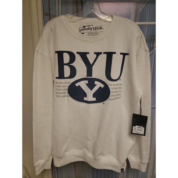 BYU Men's Cougars Crewneck Sweat Shirt Fleece lined Size Large White Gameday NWT - Picture 1 of 10